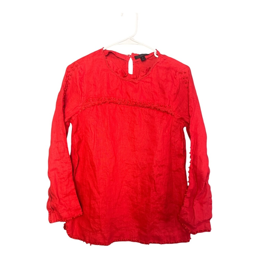 J.Crew Red Linen Embroidered Fringe Blouse Size 4 Long Sleeve Crew Neck
